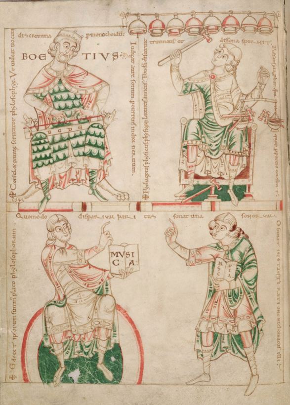 Średniowieczna miniatura w czterech polach: Boecjusz z monochordem, Pitagoras uderza w dzwony, Platon z księgą MUSICA i Nikomach